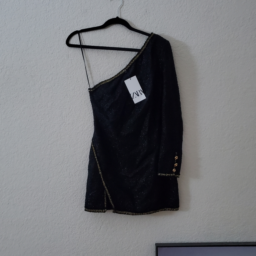 Zara Tweed Mini Dress Black Gold Textured - Picture 16 of 16